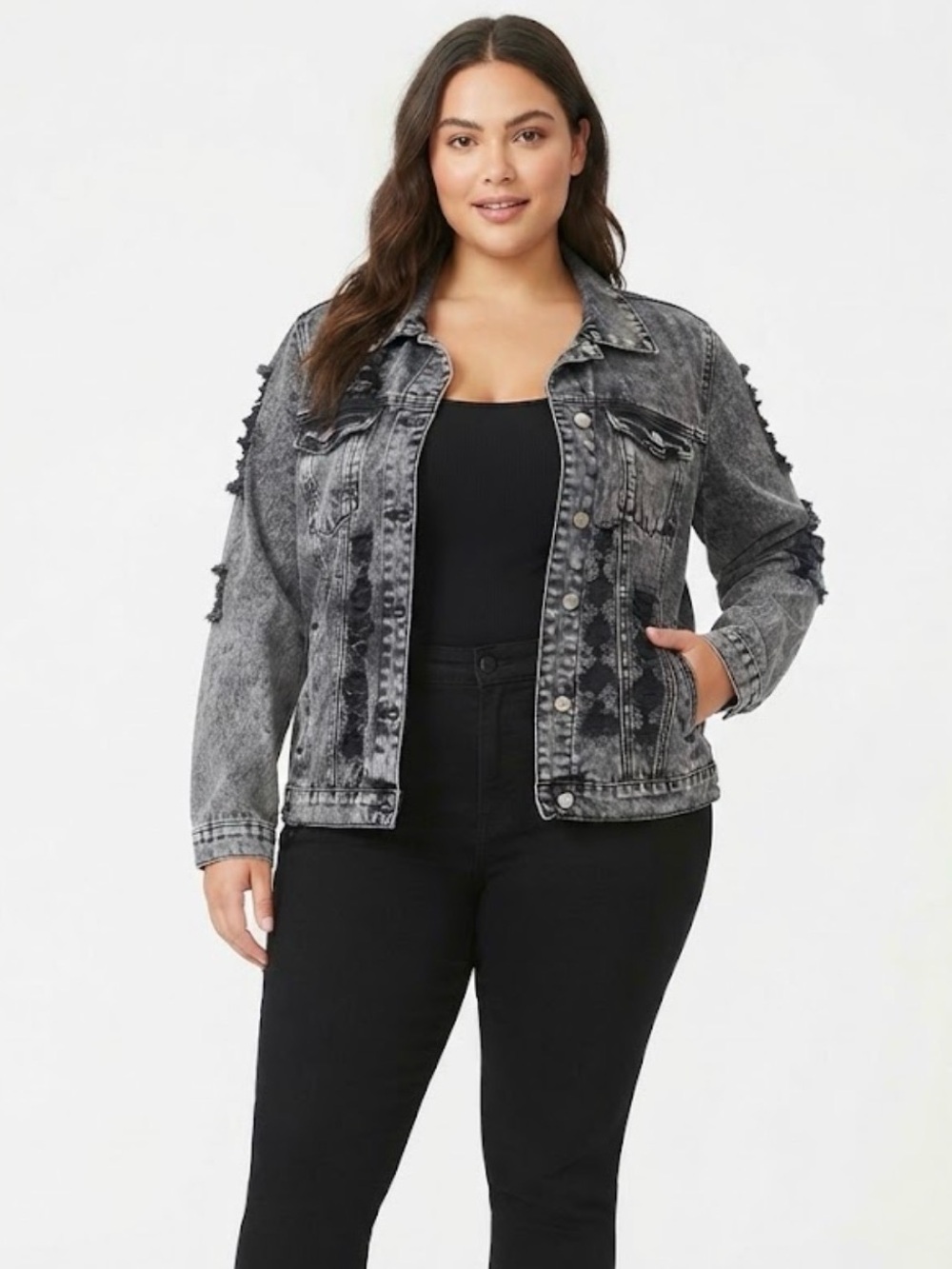Forever 21+ Black Acid Wash Distressed Denim Jacket